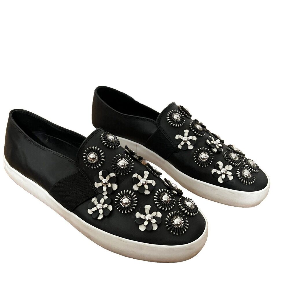 VC John Camuto Sneakers size 8 Women’s Black Leather Floral Embellished Slip On
